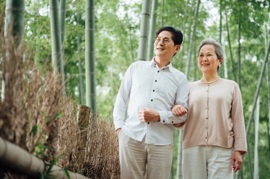 亚洲老年夫妇在竹林散步