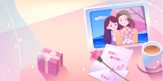 窗前桌上母女的合影贺卡礼物茶和花横版