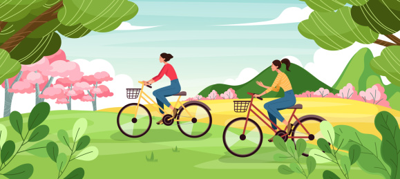 骑自行车郊外春游插画