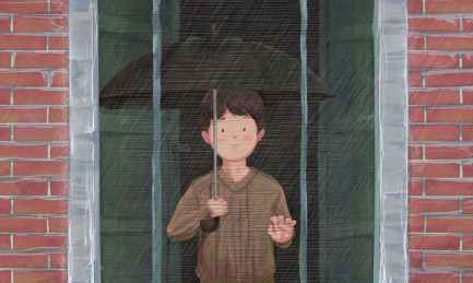 在屋里打伞的男孩