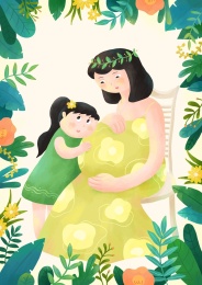 花丛中的怀孕的妈妈和好奇的女儿