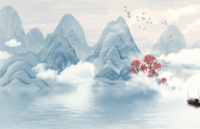 新中式蓝色淡雅山水插画 