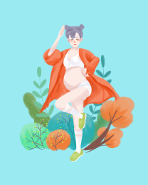 手绘大肚子辣妈插画