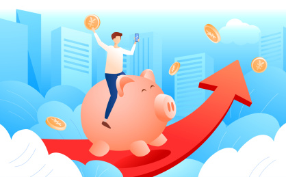 男孩骑在存钱罐飞奔在有箭头的城市背景上