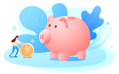 女孩将金币滚向存钱罐