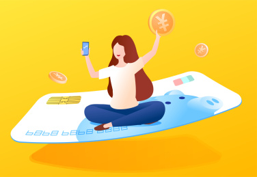 女孩坐在飞起的银行卡上