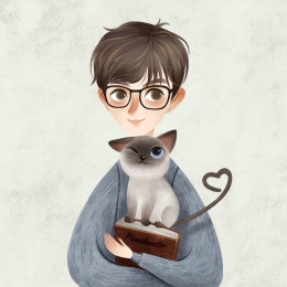 抱着猫咪和书本的戴眼镜男生