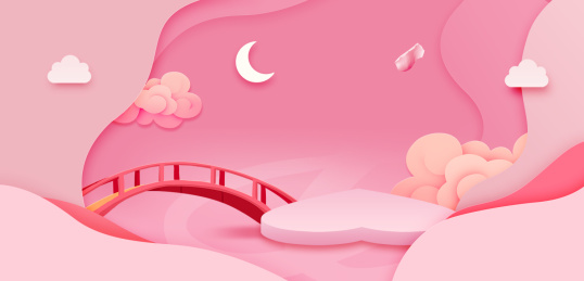 有桥和心形几何体的粉色调背景