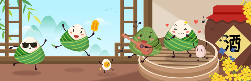 可爱小粽子在茶壶前桌面上的玩耍的矢量插图