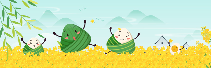 油菜花里跳起的小粽子矢量插图