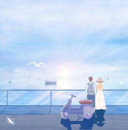 情侣骑了电动车在观海长廊上看海上日出插画