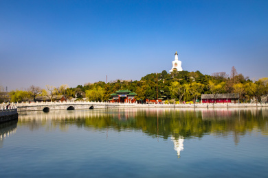 北京北海公园白塔和湖水