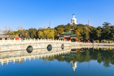 北京北海公园白塔和湖水