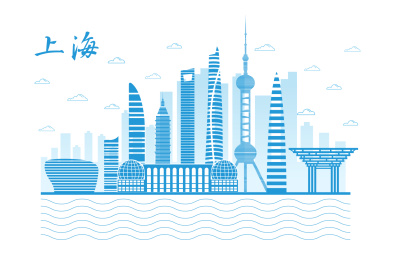 中国上海城市景观扁平线性矢量插画蓝色