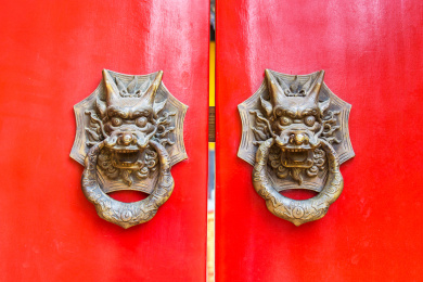 中国云南省昆明市黑龙潭公园木门上的铜门环