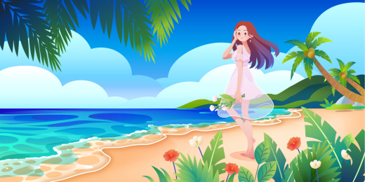 拿着花的女生在海边漫步回眸横版