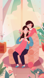 女儿从后面抱住正在织毛衣的妈妈