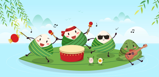 端午节一群可爱小粽子在划船敲鼓