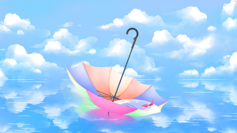五彩的雨伞倒放在天空之境中，唯美清新插画