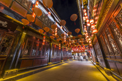 成都锦里古镇老街中式古建筑夜景