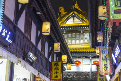 成都锦里古镇老街中式古建筑夜景
