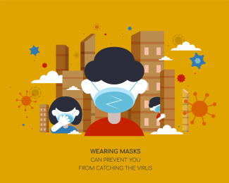 城市中戴口罩的人们平面插图