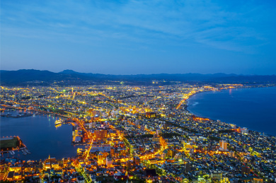 日本北海道函馆山视角高角度俯瞰函馆夜景