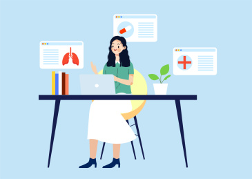 坐着在电脑上查阅资料的女孩矢量插画