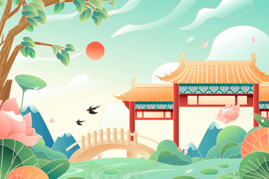 古建筑风景中国风矢量插画
