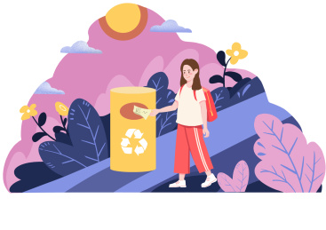 扁平学生扔纸片植物背景插画