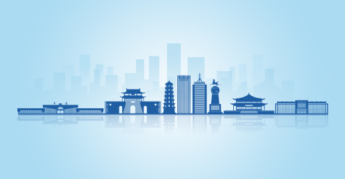 中国甘肃省平凉市地标建筑剪影城市天际线背景