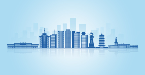 中国甘肃省天水市地标建筑剪影城市天际线背景