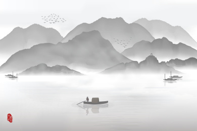 渔舟白鹤意境山水新中式水墨装饰矢量背景图
