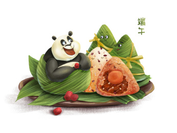 包成粽子模样的熊猫坐在装满粽子的盘子上