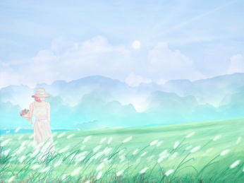 长裙少女在户外山坡上摘花欣赏美景插画