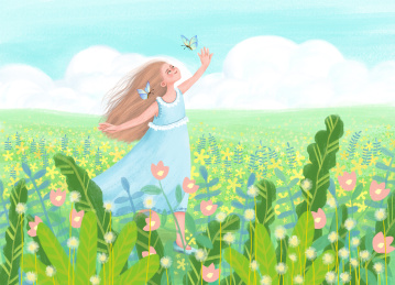 在花丛中与蝴蝶翩翩起舞的女孩