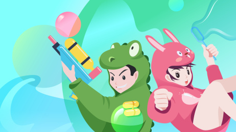 玩偶装男孩女孩在夏天玩水