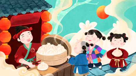 古代包子铺前卖包子店家与吃包子的小孩插画