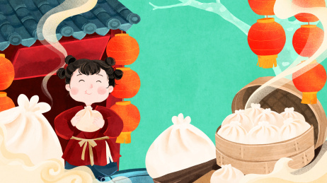 古代青瓦门前吃包子的小孩与包子笼屉插画