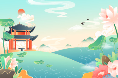 夏季风景中国风矢量插画