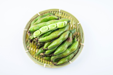 白背景上一盆新鲜蚕豆荚 