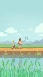 小满节气乡间麦田小路上玩耍的姐弟插画海报