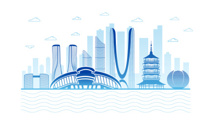 中国浙江省杭州市景观扁平线性矢量插画