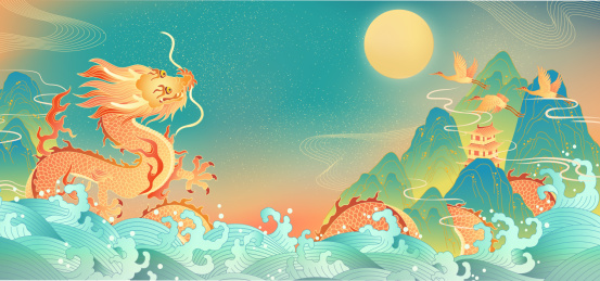 国潮龙纹山水插画
