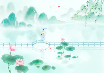   小暑节气中国风小清新水墨风格山水插画