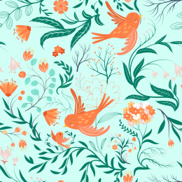 植物与鸟卡通平铺插画