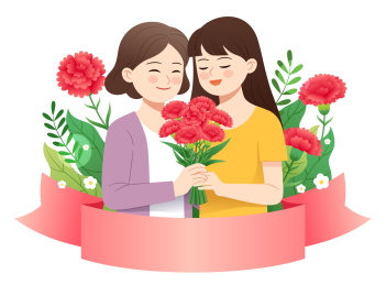 一对母女在花丛中拿着一束康乃馨