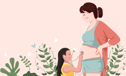 小女孩用听诊器听胎动矢量扁平插画