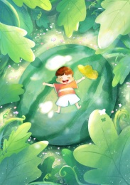 夏天躺在西瓜上的男孩