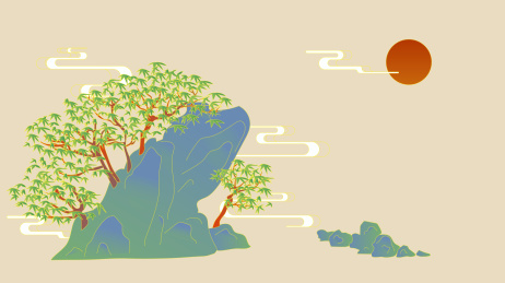 假山和枫叶的矢量线条插图
